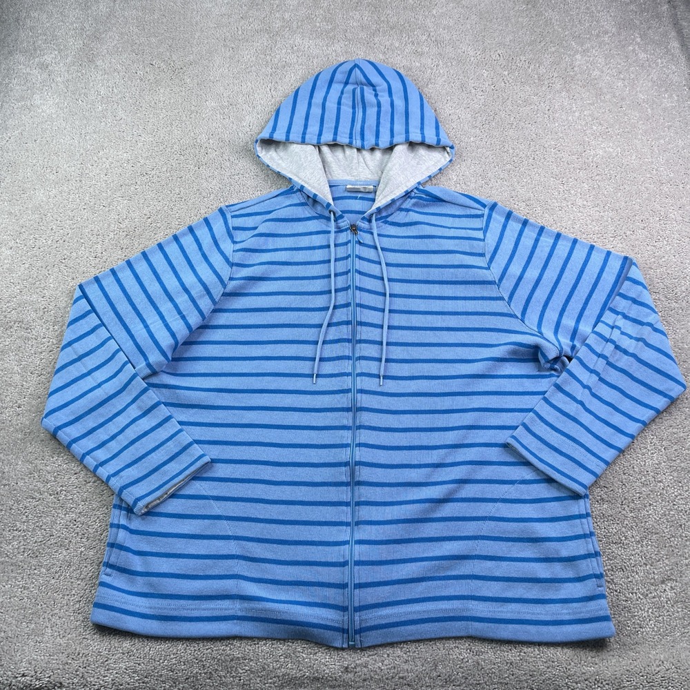 LL Bean Hoodie Womens 2X Blue Striped Full Zip Cotton Casual Classic Sweatshirt